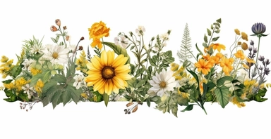 Pressed boho cottagecore floral clipart Peony, ranunculus, sunflower and verbena floral border wildflowers with green foliages floral nature garden border, clipart with white background