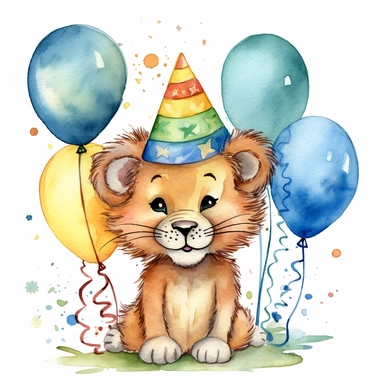 a friendly looking watercolor little lion. Its mane is neatly brushed. it is his bithday party so he is looking very happy smiles with his teeth. he wears a typical party hat on his head and is holding three Ballons on a line in his hand. Around him are birthday garlands. without a backround so it can be used as a clipart in many diffrent designs
