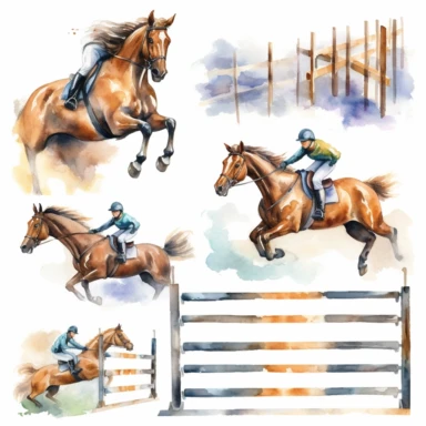 Watercolor horse racing , horse jumping over fence, illustrations clipart set, simple, vibrant colors , cartoon elements, different variants , separate elements with a margin