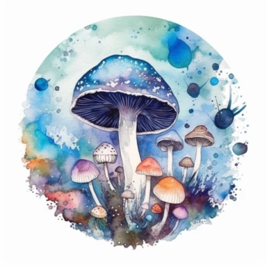 magic blue mushroom watercolor art, dreamy clipart, trippy, occult, circular frame, white background, painterly, colorful