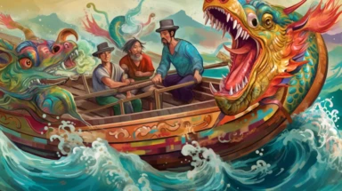 a clipart image of a chinese dragon boat with two people on board, in the style of colorful muralist, childlike illustrations, jacob jordaens, children's book illustrations, mixes realistic and fantastical elements, close-up intensity, joyful celebration of nature,32k uhd