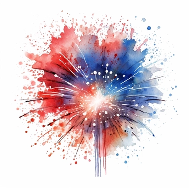 fireworks, in the style of fourth of july realistic and hyper-detailed watercolor painting, sketchfab, ahmed morsi, realistic watercolor paintings, use of common materials, handcrafted designs clipart red white and blue with white background