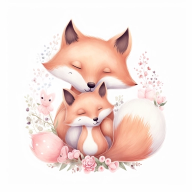 cute pink floral illustration, realistic adorable one baby cute fox hugging his cute mom, happy clipart, nursery style clipart, nursery animal art, kids wall art, baby room decor, isolated on white, ultra - detailed, high quality, ghibli style, award winning