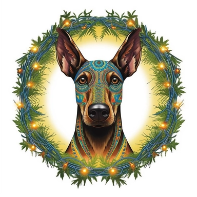Cool Christmas Leafs Circle Doberman wearing christmas lights, illustration, 16k, T - shirt design, T - shirt graphic, retro vintage style, circle. extremely detailed, clipart seperated on a white background, incredibly high detail