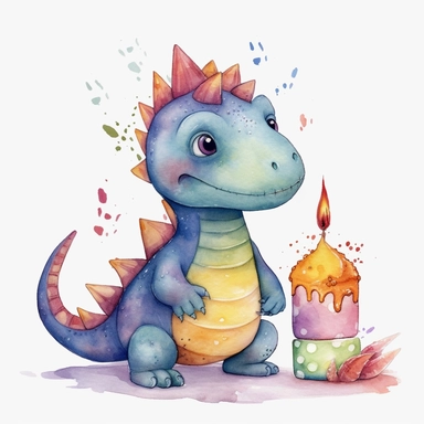 High resolution, cute dinosaur holding birthday cake, watercolor clipart, completely white background