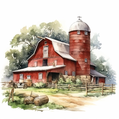 very detailed watercolor red barn, country side, trees, ball of hey, svg graphics, in the style of realistic landscapes, j.c. leyendecker, monumental murals, colorized, white background, clipart, vintage cut and paste