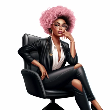 Black woman, ceo boss* * Boss lady black girl clipart, pink hair, pink blouse with puff sleeves, black pants, black girl seated, beautiful black girl, white background,
