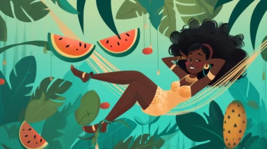 A vibrant clipart of a black woman enjoying a tropical paradise, surrounded by lush vegetation and exotic fruits. She is sitting on a hammock strung between two palm trees, her feet dipped in crystal-clear turquoise water. With a joyful expression, she takes a juicy slice of watermelon and savors its sweetness. The air is filled with the sounds of chirping birds and rustling leaves, creating a lively and invigorating atmosphere. The scene is set on a secluded beach, with white sand stretching as