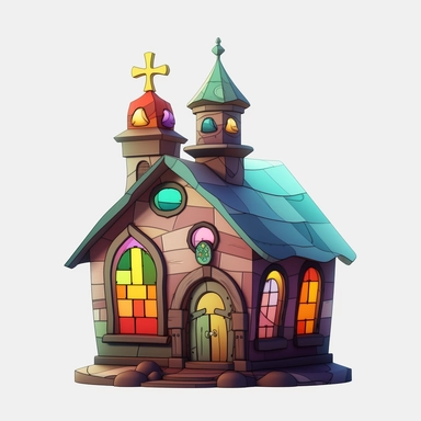a little cartoon church, pixar, clipart, stained glass windows, cross on top, blank background, sharp lines, 8k