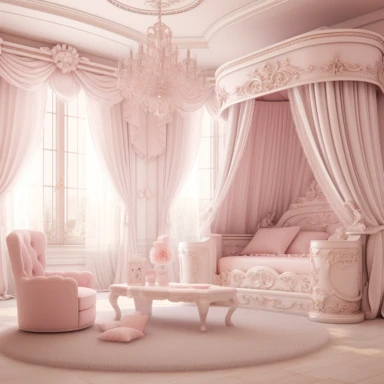 panoramic view, full view, beautiful elegant royal baby girl nursery room drawing painting, frilly, romantic, fantasy, ethereal, light pink and white colors, beautiful crib with beautiful full flowing canopy, beautiful bling crystal chandelier, soft pink teddy bear, beautiful large Victorian style window with beautiful pink flowing drapes, faux fur rug, sharp focus, high detail, 8k, illustration clipart style, transparent background