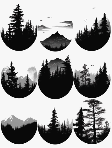 mountain silhouettes download cliparts, in the style of bob ross, alex katz, tattoo-inspired, birds-eye-view, wood, black and white contrast, charles addams