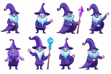 6 Cute purple blue Wizards Master with magician trophy Clipart, on white background, 4K, Ultra-HD, wizardcore
