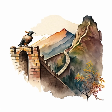 watercolor sketch of great wall of china clipart, featuring mountains and bird, white background