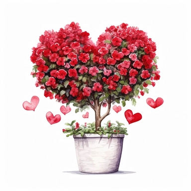 Watercolor, hyper realistic, white background, white margins, 16k, red flowers, ultra detailed clipart, cut out image, hand - drawn a topiary planter with heart - shaped foliage, symbolizing love and romance in a botanical form. in the style of furaffinity, witty vignettes, charming vignettes, beatrix potte