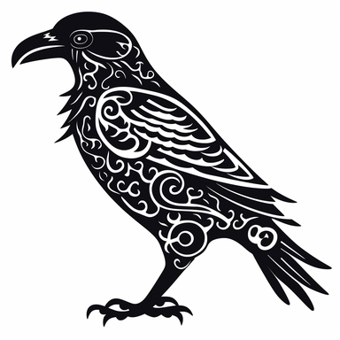 a raven silhouette made out of celtic symbols black and white clipart on white background