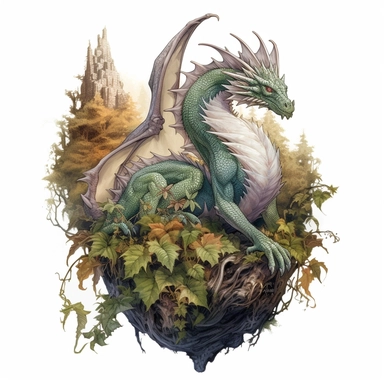 dragon of the forests tattoo design by twilight designs, in the style of david nordahl, jean-baptiste monge, farel dalrymple, fantastical street, high resolution, imaginative characters, vibrant colors, clipart, blank white background