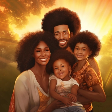 realism image of beautiful black family with a mother and father between the ages of thirty and thirty five with two children one toddler and one newborn with afrocentric hair with an outdoorsy sunny background clipart