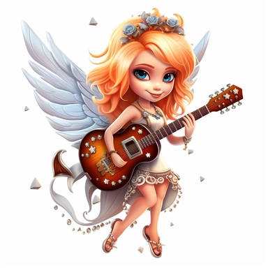 a beautiful fairy, rock star with guitar, cartoon, big wings, clipart, white background