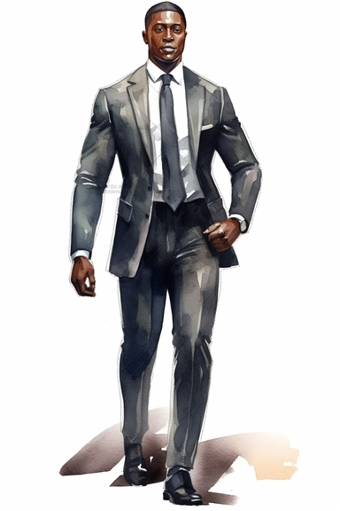 No text Watercolor Clipart Athletic MUSCLE Man in Suit Businessman Handsome Black Skin full body on white background