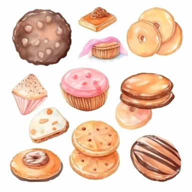 Clipart de galletas de chocolate dulce acuarela. Ilustraciones de galletas de postre pastel. Prediseñadas imprimibles del logotipo de la panadería casera Imágenes prediseñadas de la fiesta de cumpleaños.