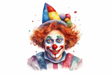 Watercolor, Craft a cartoon person with a jester hat and a funny expression, symbolizing a clown clipart, hd, on a white background, spaced out
