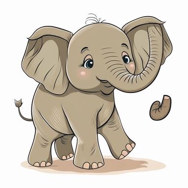 ,a cute Walking elephant with one foot lifted off the ground and trunk pointed forward ,cartoon, clipart, white clear background