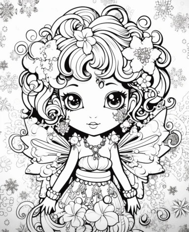 Snowflake Fairy with a sparkling winter wonderland backdrop, Kawaii for a childrens book, cartoon style, thick lines, black and white, no shading, line drawing illustration, no kid faces, no duplicate faces, blurry, drawing, cartoon, illustration, painting, concept art, cgi, unreal, anime, black&white, b&w, picture frame, deformed, bad anatomy, disfigured, poorly drawn face, mutation, mutated, extra limb, poorly drawn hands, done by bad-artist, ugly, dazed, 3D render, 3D game, 3D game scene, 3D 