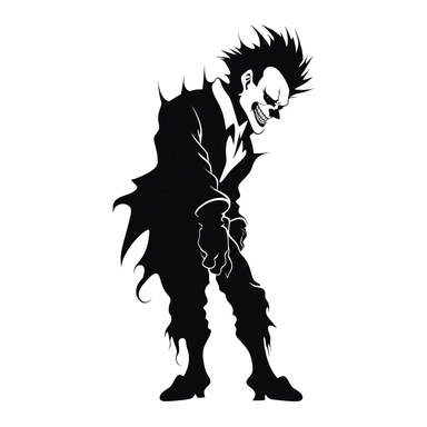 black and white silhouette of a terrifying cartoon halloween clown with sharp teeth, full body side view, clipart style, white background, thick lines, vector, simple design, flat colour, solid colour, halloweencore