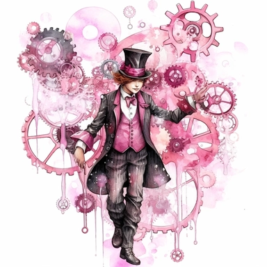 pink watercolor steampunk man juggling, clipart, metallic, gears, iron pink gray black, 32k. highly detailed