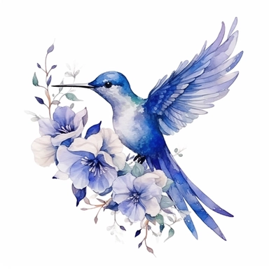 Cute Beautiful Fairy Hummingbird dark blue Flowers Watercolor Clipart, Cartoon, Hyper Realistic, Intricate Details, Illustration Style, High Resolution, On White Background