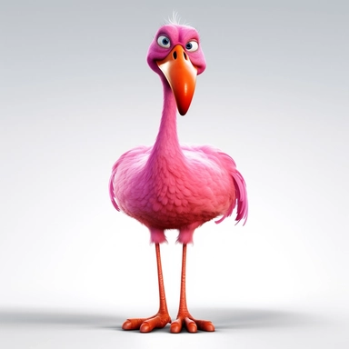 clipart of a crazy pink flamingo, there is a funny face on it, long skinny legs, cartoon, for kids, funny, pixar, 8k, white background, sharp focus, detailed,