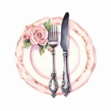 Isolated on a white background, in a feminine style that is populair on Etsy, wedding plate with pink rose fork and knife, high resolution, highly detailed, watercolor clipart illustration, soft pastel color theme, baby pink