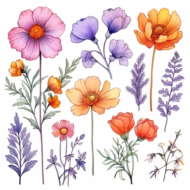 atercolor, handpainted floral clipart, transparent background, 6 elements evenly spaced out by 1 inches