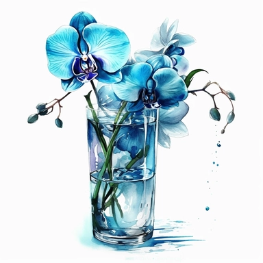 beautiful vivid realistic watercolor blue orchids, elegant glass vase, illuminated with the sun’s rays, isolated white background, clipart, hd quality –c 30