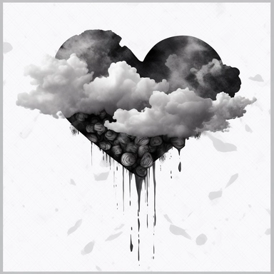 clipart style open heart shape of a heart made of clouds and tears. all in black and gray with a little white on a white background