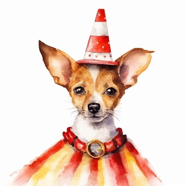 cute Toy Fox Terriers dog in circus costume watercolor illustration, in the style of watercolor illustrations,funny, energetic,ben wooten style, sharp focus throughout, aquarellist, charming illustrations, illustration, painted illustrations, transparency and opacity,isolated white background, clipart most popular on etsy, book illustration, featured on dribble,print on demand image, PNG tranparent background,composition medium shot, no text