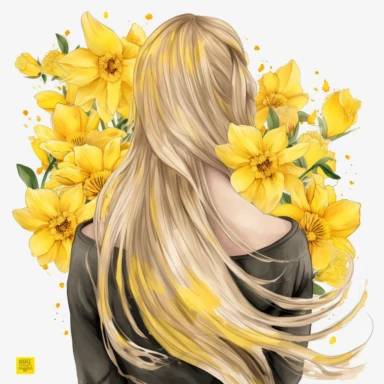 watercolor A woman's face, full body, back view Daffodils: These cheerful yellow flowers are a symbol of spring and are often used to represent new beginnings. with flowers and leaves adorning her hair. hair up with flowers vividly bold designs png Full body realistic cartoon in 32K UHD cute. 15 cm thick outline. Black color. There was no shadow on the ground. 8k with realistic watercolors. and detailed illustrations. PNG clipart, transparent white background