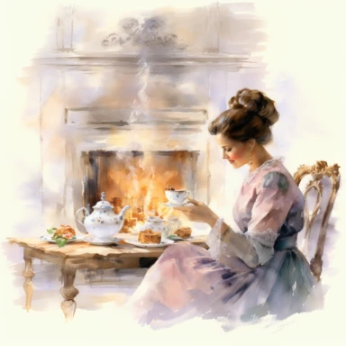 Victorian Afternoon Tea by the Fireplace with victorian women Cozy ambiance crackling fire and steaming teacups clipart isolated on clean white background, soft pastel colors, in style of Willem Haenraets in the style of realistic watercolors, feminine sensibilities, detailed illustrations, made of all of the above
