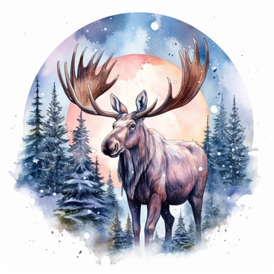 christmas moose, watercolor, clipart, moonlight, forest
