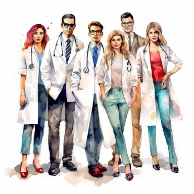 Watercolor clipart, artistic, white background, wide margins, 16k, rich contrast, hand-drawn, lively. A team of doctor and nurses, in a classic white coat