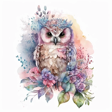 watercolor cute cartoon fantasy owl defined edges Floral Clipart pastel color white background