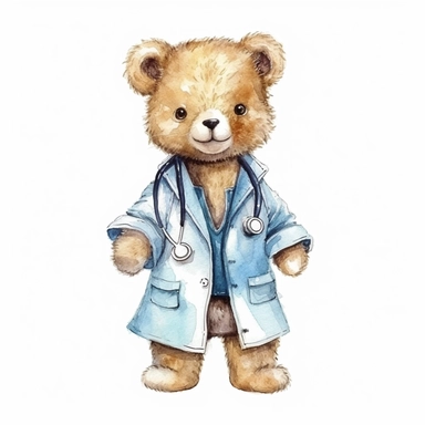 Adorable cute fantasy teddy bear dressed like doctor clipart, happy expression, standing in dynamic pose, hand inside pocket,full body,front view, in the style of watercolor cartoon clipart, kate greenaway style, high resolution, composition free space,watercolour clipart, watercolor illlustration for kids and children, isolated white background, clipart most popular on etsy, book illustration, featured on dribble, print on demand image, PNG tranparent background, composition medium shot, no tex