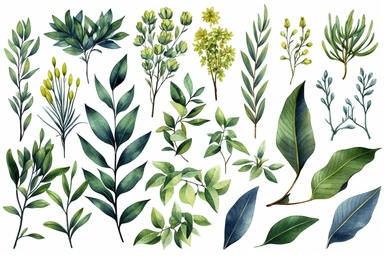 Hand drawn watercolor illustrations. Botanical clipart. Set of Green leaves, herbs and branches. Floral Design elements. Perfect for wedding invitations, greeting cards, blogs, posters and more