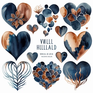 watercolor heart shapes, clipart collection, copper and navy tones, on white background