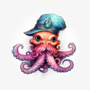 Cartoon Pirate octopus, illustration clipart, high detailed, white background, digital art, hd, watercolor