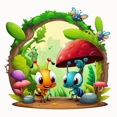 cartoon colorfull logo clipart cute Ants and in the background an enchanted forest.