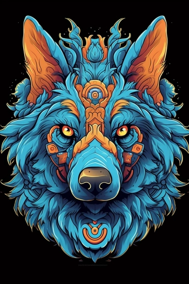 A detailed head of dog illustration with blue eyes, smiling, illustration, centered, isometric, mural, graffiti, composition, shapes, patterns, vector art ready to print highly detailed graffiti illustration of dog, smiling, t-shirt design tshirt design, in the style of Studio Ghibli, pastel tetradic colors, 3D vector art, cute and quirky, fantasy art, watercolor effect, bokeh, Adobe Illustrator, hand-drawn, digital painting, highly detailed clean, vector image flat white background, isometric, 