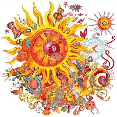clipart, abstract illustration of the sun with a range of objects, colors, and attributes, white background, highly detailed