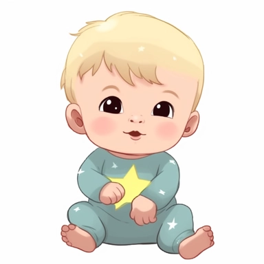 Cartoon-style character 1-year-old baby sitting with the yellowish jumpsuit with very light blue stars in his hands Chibi style holds a small yellow star with eyes very cute her feet are Chibi style sharp and detailed the baby is sitting her eyes are happy confident smile white background clipart the character must be full body very cute with Detailed 8k