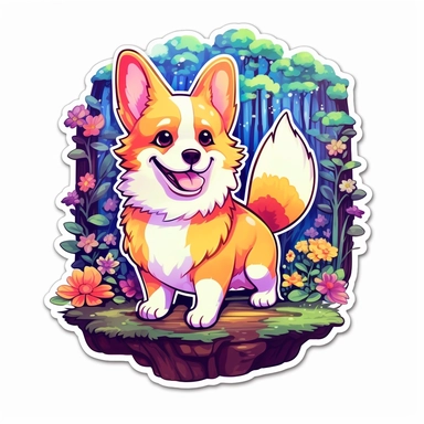 Imagine a cheerful corgi exploring a magical forest. The corgi has a mischievous smile on its face as it discovers a hidden treasure. The forest is filled with vibrant colors and whimsical creatures. The corgi's tail is wagging with excitement. Capture this joyful moment in a clipart-style sticker.